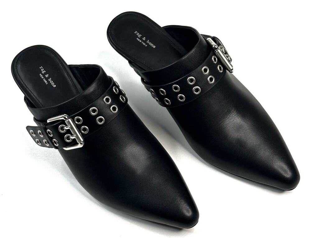 Rag & Bone Slip-On Spire Black Leather Grommet Mules Buckles Size 37 (US 7) New